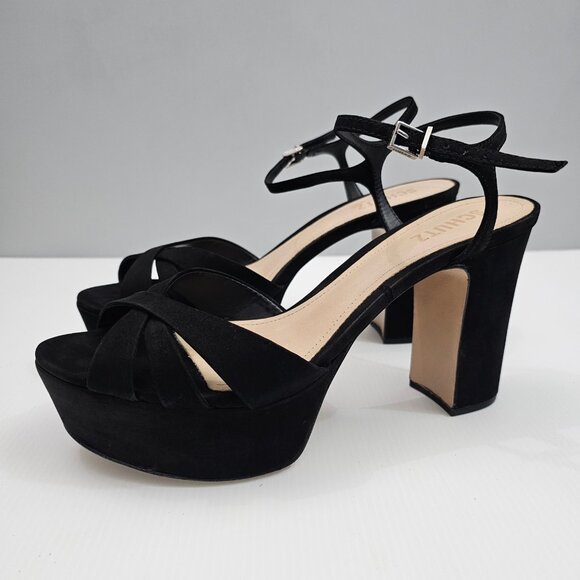 Schutz Keefa Platform Block Heel Womens 10 Black Nubuck Strappy Sandal Evening - Picture 1 of 13